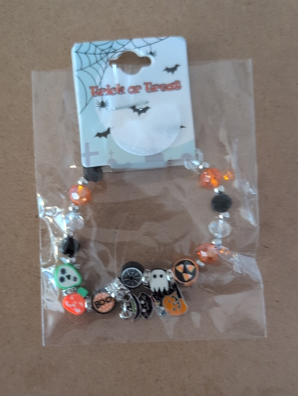 Trick or Treat Halloween Kids Beaded Bracelet - Orange & Black
